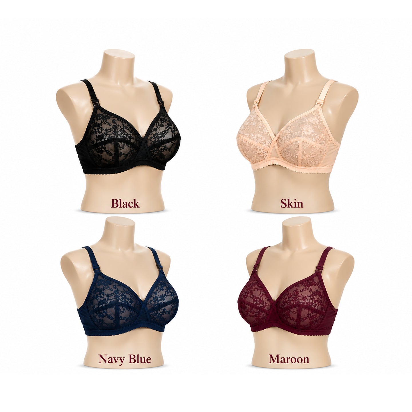 Pack of 4 Net Embroided Non-Padded & Non-Wired Full Net Transparent Cotton Bras