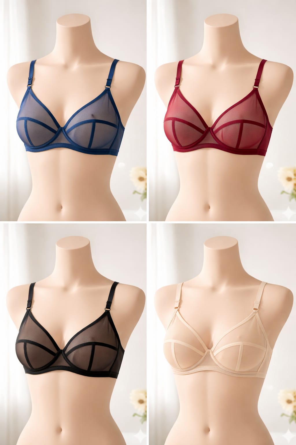 Pack of 4 Non-Padded & Non-Wired Full Net Transparent Cotton Bras - 4 Colors