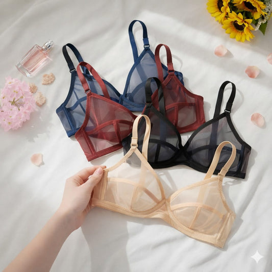 Pack of 4 Non-Padded & Non-Wired Full Net Transparent Cotton Bras - 4 Colors