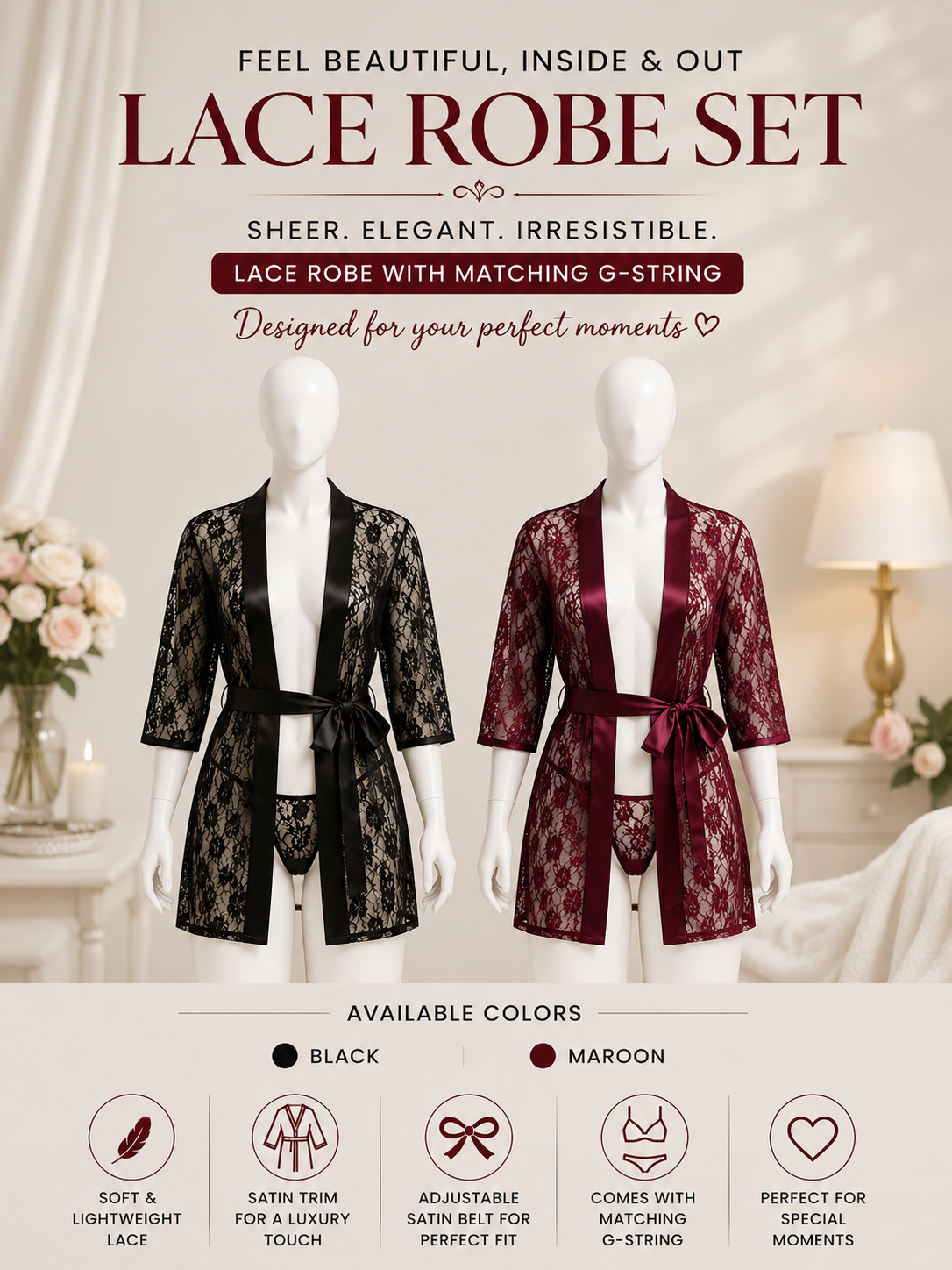 Lace Robe Set – Sheer Floral Lace with Satin Belt