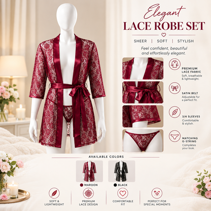 Lace Robe Set – Sheer Floral Lace with Satin Belt