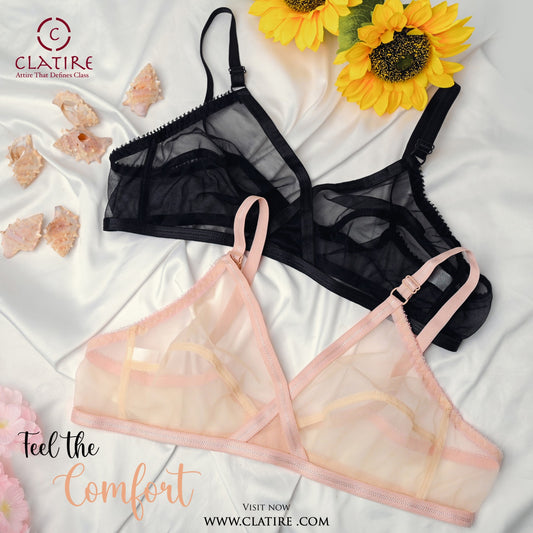 Pack of 2 Non-Padded & Non-Wired Full Net Transparent Cotton Bras