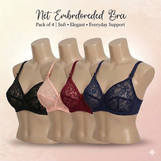 Pack of 4 Net Embroided Non-Padded & Non-Wired Full Net Transparent Cotton Bras