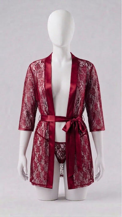 Lace Robe Set – Sheer Floral Lace with Satin Belt
