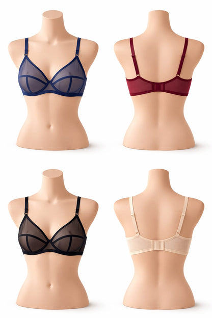 Pack of 4 Non-Padded & Non-Wired Full Net Transparent Cotton Bras - 4 Colors